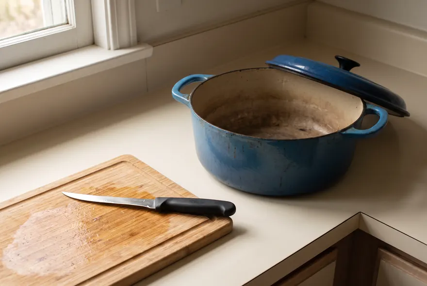 Blue enamelled cast iron Dutch oven with the lid tilted open beside a flexible boning knife on a wooden board