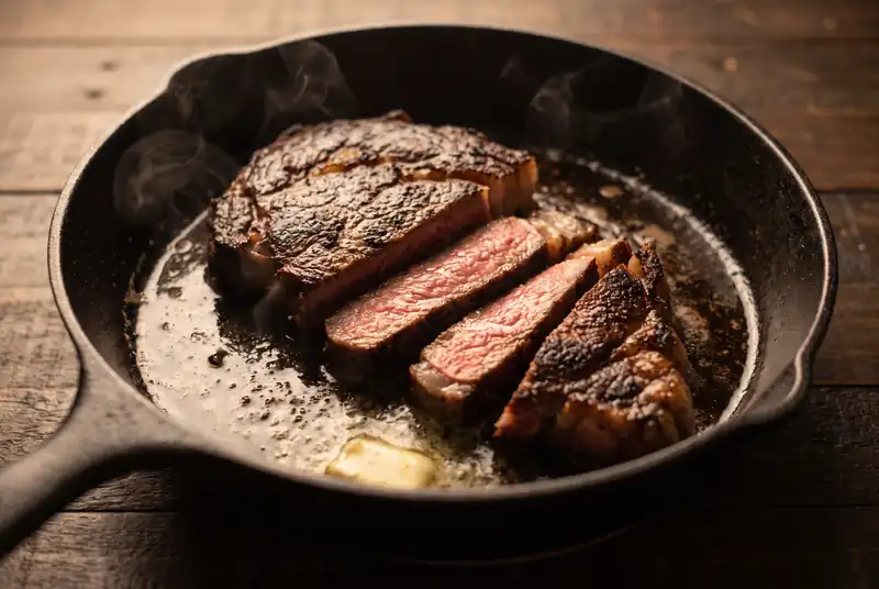 Sliced medium-rare ribeye resting in a cast iron skillet with melted butter